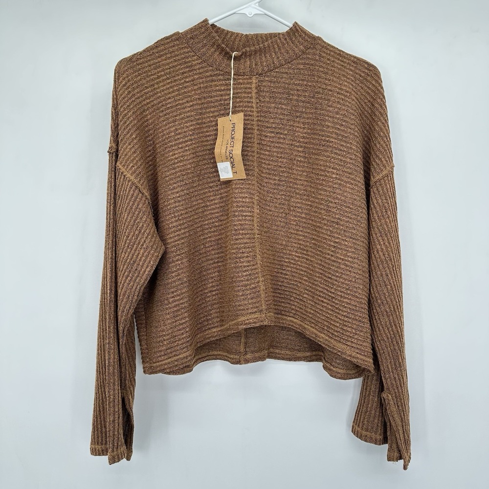 NWT Project Social T Rib Knit Mock Neck Cropped Boxy Sweater M Brown Minimalist